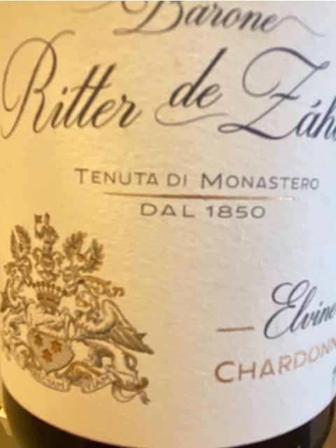 Wine label for Elvine Chardonnay by Barone Ritter de Záhony. Northern Italy White from Friuli Aquileia, Italy. Chardonnay.