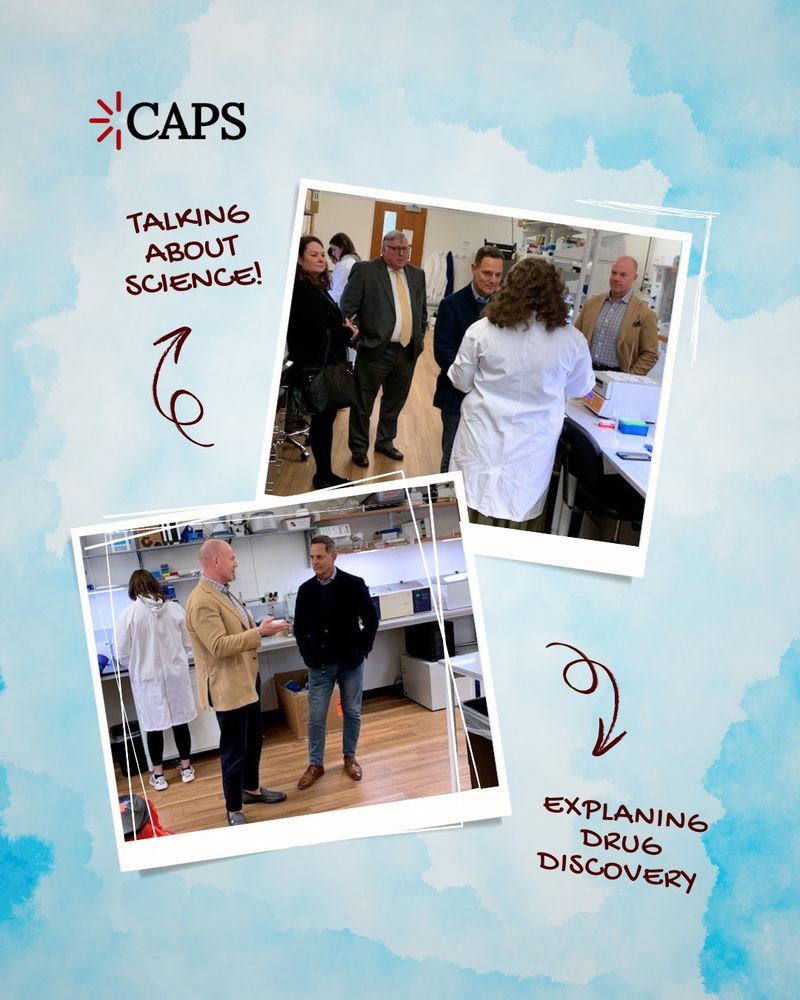 Photo collage with varying colors of blue watercolor as a background. There are two images, the top image is showing a group of people discussing science with a scientist in a lab coat. The bottom image shows two people in conversation.

