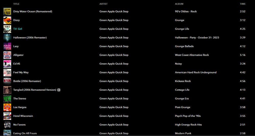 A list of tracks by Green Apple Quick Step on Tidal. Among them are "Dirty Water Ocean", "Dizzy", "T.V. Girl", Halloween", "Lazy". Every one of them has an album listed as something like "90's Oldies - Rock", "Grunge", "Grunge Life", "Grunge Ballads", West Coast Alternative Rock," etc.