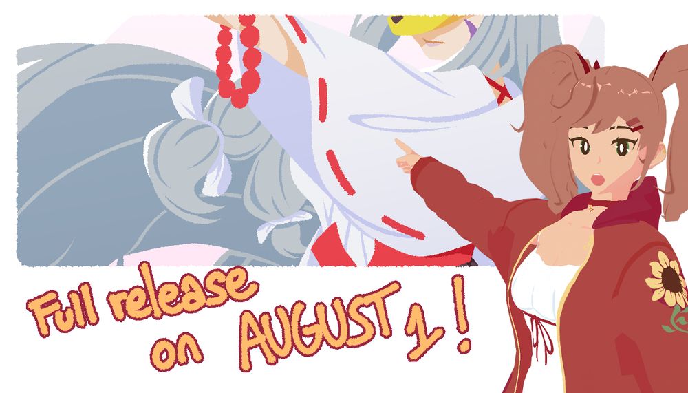 My OC Anais excitedly pointing at a cropped preview of my piece for this year's DigiGirl Zine. The text says "Full release on AUGUST 1!"