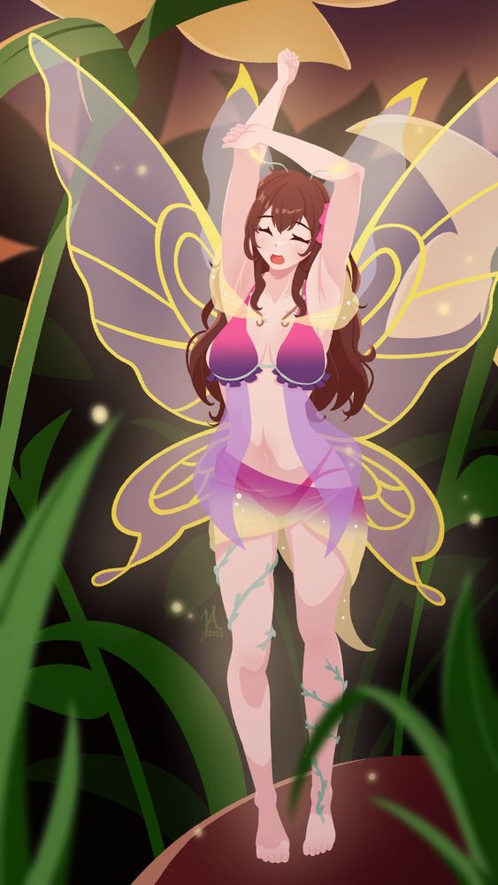 A drawing of Mary from the game String Tyrant as a fairy. She is yawning and stretching as she stands on a small rock in the middle of a patch of grass.