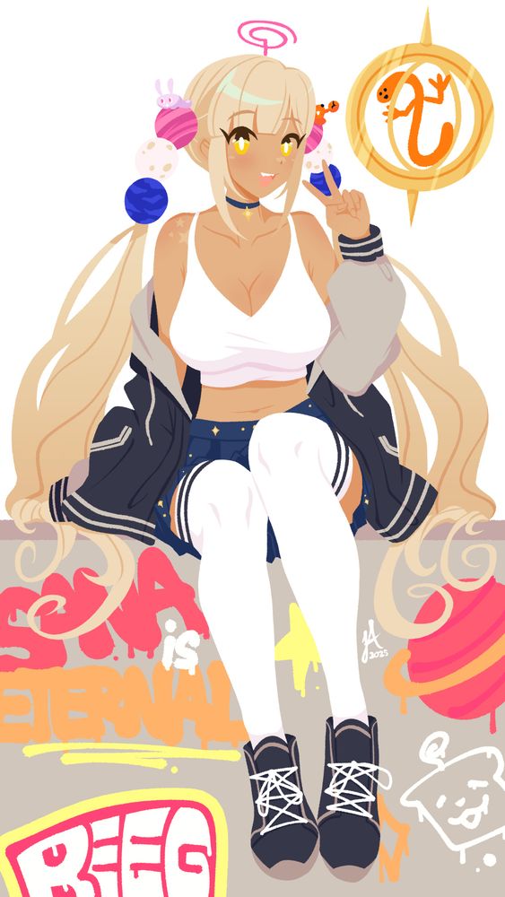 A drawing of the (now graduated) vtuber Tsukumo Sana from Hololive's English branch wearing an outfit that was featured in the OMOCAT collaboration merch. She is sitting on top of a wall that is adorned with various graffiti while her familiar Yatagarasu floats nearby. The graffiti at the top left of the wall says "SANA is ETERNAL", while the one below it says "BEEG".