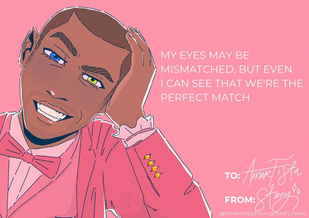 A Valentine's Day card of Markus from Detroit: Become Human video game wearing a pink suit and leaning over with a smirk on his phase. The card says "My eyes may be mismatched, but even I can see that we're the perfect match. To: Amorfista From: Starry." Watermarked with @STARRYEYEDSTRAY @STARFLUSHED