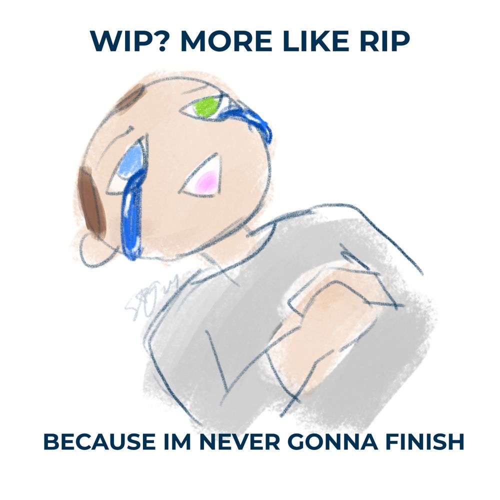 A digital drawing of Markus from Detroit: Become Human laying on the floor with his hands folded over his stomach. Though he smiles, tears stream down his face and a hint of pain fills his expression. Text frames this picture saying, "WIP? More like RIP because I'm never gonna finish."