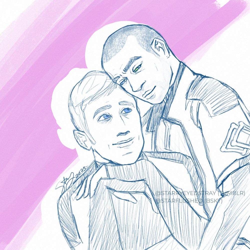 A digital illustration of Markus and Simon from Detroit: Become Human. The art is drawn in prussian blue pencil on a white canvas with a streak of pink across the background. Simon is resting his elbows on Markus' lap as he stares up at him endearingly. Markus' head rests against Simon's and he looks back at him just as fondly. 