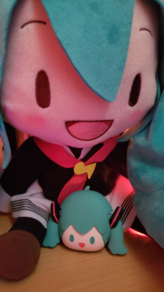Miku Bilipods with my Miku Plushie