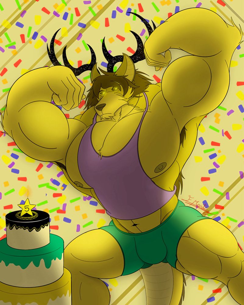A big guy (Axel) celebrating his birthday by flexing.