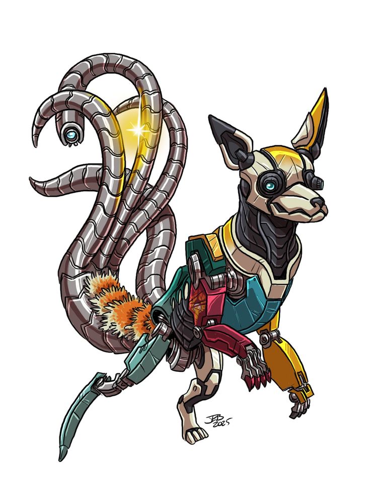 An illustration of a very bizarre robot named 15-0-10. It looks vaguely like a fox, but none of its legs match, there's only a few patches of fur on its big tail, and said big tail splits into three 'tentacles', one of which ends in a camera. It has a second 'tail' that also serves as a manipulator tentacle. Its camera 'eyes' and ears are also mismatched. It has the symbol of the goddess Sarenrae painted on one side--before it awakened to sapience, it spent a long time as property of various Sarenites. It's now a Sentient Robotic Organism (SRO) with the powers of a solarian, hence the floating mote of sunlight between its manipulator tentacles. The artist was Jacob Blackmon.