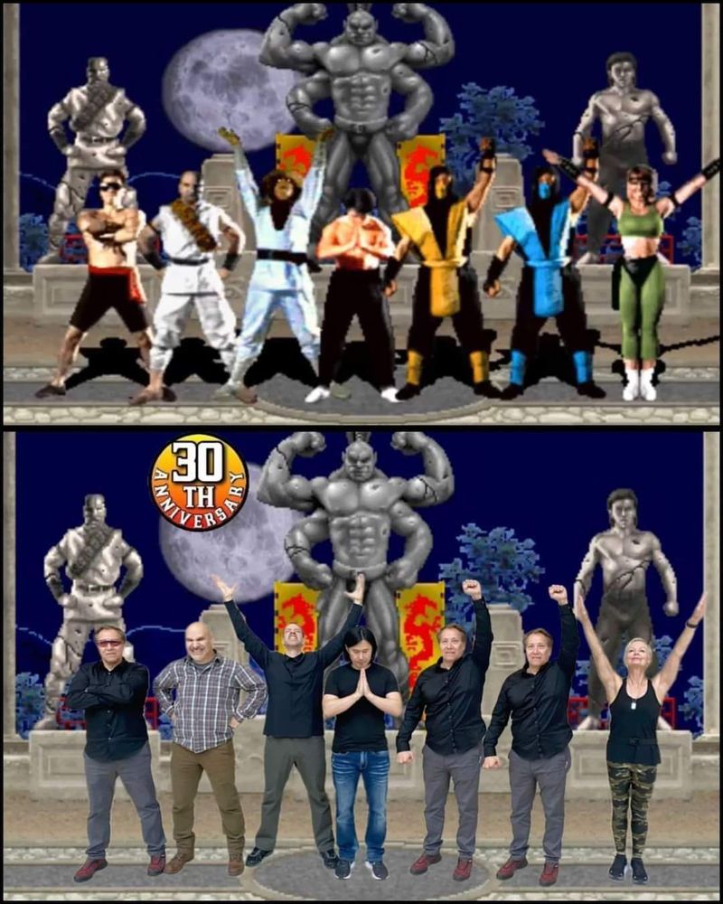 There are seven selectable characters in Mortal Kombat, and it took motion capturing four martial arts actors and one martial arts actress to create them. Daniel Pesina played Johnny Cage, Scorpion and Sub Zero. Richard Divizio played Kano. Carlos Pesina played Rayden. Ho-Sung Pak played Liu Kang. Also in this picture is actress Elizabeth Malecki, who played Sonya Blade.
