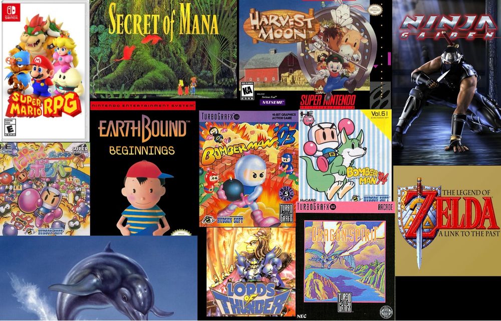 A picture of all the video games that people who watch Vance Velez on Twitch have redeemed entering 2025: Super Mario RPG, Secret of Mana, Harveat Moon, Ninja Gaiden (Xbox), Bomberman Panic Bomber, Earthbound Beginnings, Bomberman ‘93, Bomberman ‘94, Ecco the Dolphin CD, Lords of Thunder, Dragon Spirit (TG-16) and The Legend of Zelda: A Link to the Past.