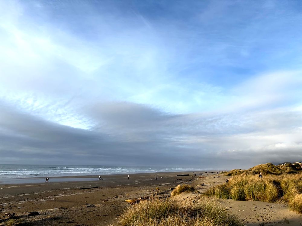 A view of a wet beach and a sea wall with grasses on the right. The sky is blue with low wide clouds. 