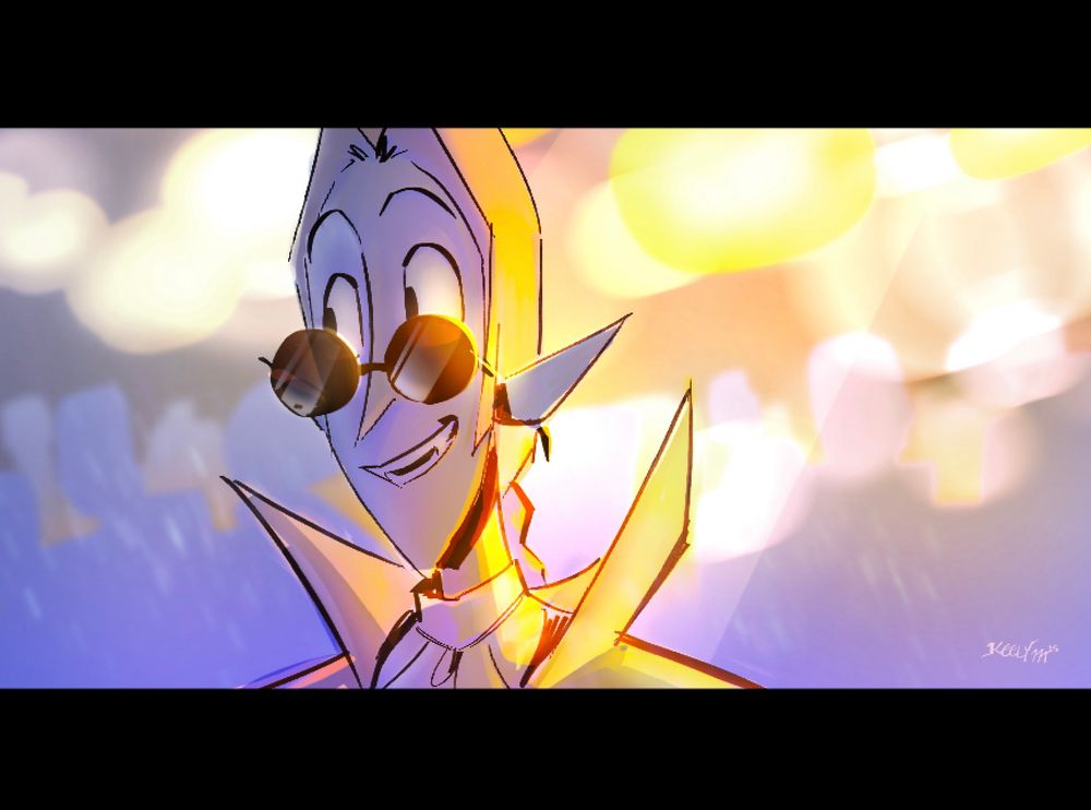 Digital painting - closeup shot of a vampire looking off to the side, with a small genuine smile. His face is mostly in a cool blue shadow, but the back of his neck is lit from the warmth of the lanterns at an outdoor festival.