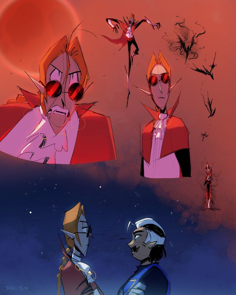 A colored digital sketch page featuring a few busts of a scowling vampire in sunglasses, and a side view of the vampire and a knight staring daggers at each other, arms crossed. 