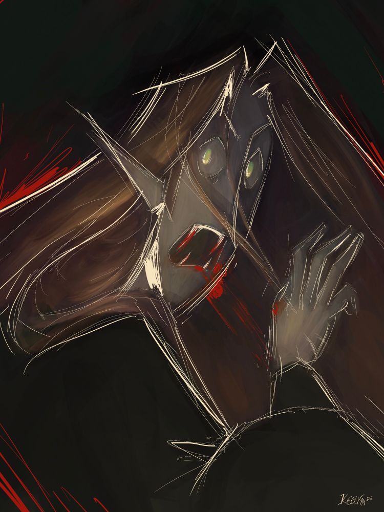 Digital painterly style with sketchy white outlines and sketchy red depictions of blood. A vampire looking back over his shoulder, baring his teeth. His eyes reflect like a cat, and long orange hair hangs messy over his face. He has two small scars on the side of his hand. 