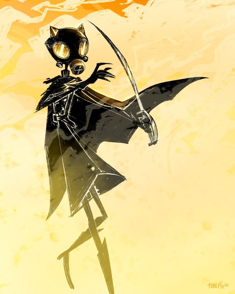 Drawing of a slender gas mask creature in an all-black military-style uniform, cape blowing in the wind - he holds a cutlass in front of himself defensively. Background is hazy clouds of orange and yellow. 