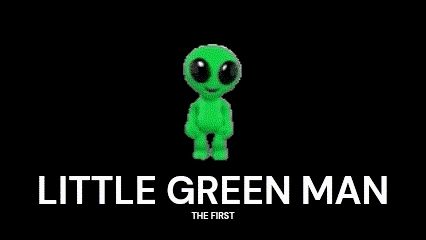 a little green man is on a black background with the words little green man the first