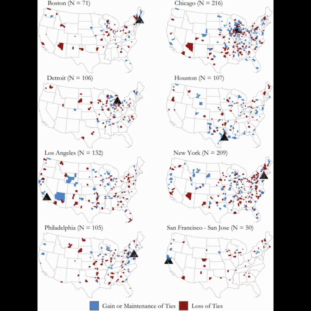 Relational hinterlands in the USA have become disconnected from major global centres