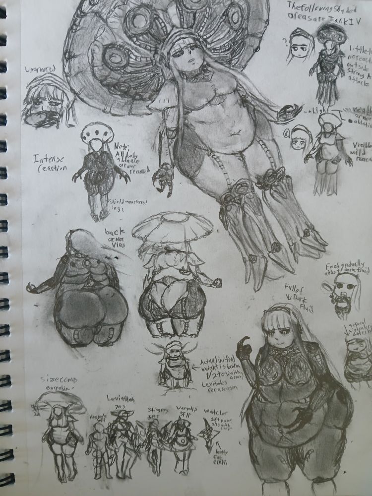 Overship gijinka depicting various aspects about her, including her overall design both armored and stripped down, a size comparison, why she’s weighty, weakpoints and strongpoints(former read sensitive spots), and of course, a potential wg scenario.