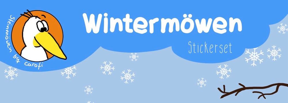 Eine farbenfrohe Grafik mit einem Cartoon-Vogel - meine Steinmöwe - vor einem blauen Hintergrund mit Schneeflocken. Der Text "Wintermöwen Stickerset" wird prominent angezeigt.