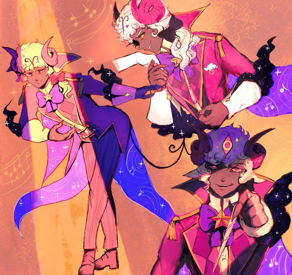 3 colored doodles of Hamal, a horned humanoid character with ram pink ram horns, curly white hair adorning an Aries sign, and dressed in a elaborate, elegant magical attire looking like a mix between an orchestra conductor and a prince (a long, flowing purple and pink coat lined with starry patterns, a golden star-shaped brooch, and a large bow at the chest) He's depicted with distinct poses and expressions against a warm-toned background with swirling musical notes, sparkles, and soft gradients.