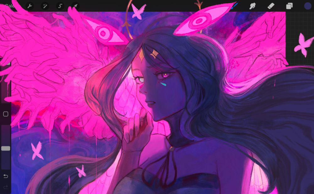 A drawing of my OC Iannai. The picture is a bust up portrait of her in a dark environment, she's a woman with long silver hair that emit a pink glow on the inside parts and makes patterns like butterfly wings, a bright blue eye and and bright pink one, she has bright pink glowing eye shaped antennas on the top of her head, she's surrounded by multiple doodle-y looking bright fushia hands that form like wings around her and take over the Procreate UI
She has both a mysterious and pondering expression with a hand below her chin 