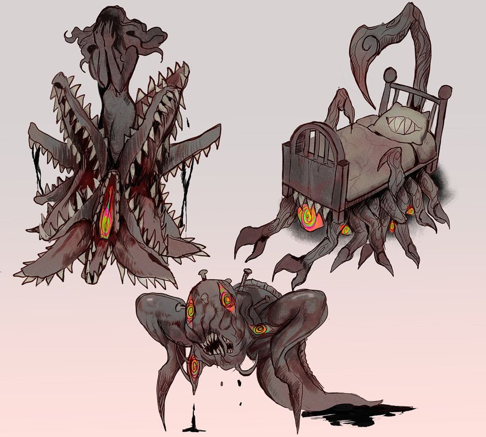 3 monochromatic grotesque looking creatures with glowing multicolored eyes, one is a crying woman surrounded by jaws, one is a hybrid between a scorpion and a bed with a pillow with sharp teeth and one is tadpole/frog hybrid that look mutilated and is oozing black goop