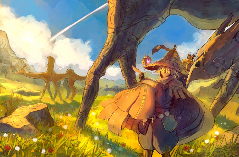 An illustration of my OC, The Historian (an humanoid figure in large ancient rugged clothes with a witch hat, big flowing cape and a scarecrow-looking appearance wearing an owl mask) and his mechanical owl companion resting on his hat. He is standing in a big green field with red and white flowers on the planet Meridiona and he's surrounded by a group of large Cantoliti (big stone creatures endemic of this planet resembling antique sculptures of animals with a body made of what looks like a mix of stone and bronze) The sky is blue and filled with white clouds, the planet's ring is visible in the sky, the sun shines with warm golden light.