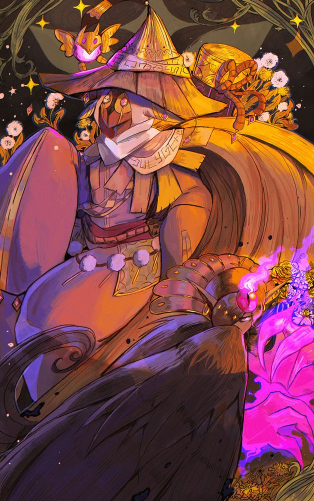 An illustration of my OCs, The Historian (an humanoid figure with oversized clothes, a rugged cape, a pointy hat and an owl mask) and Tavus (a young-looking men with pointy ears a glowing purple eye looking orb on his head and big glowing purple magic claw hiding under his black wing-cape) 
There are dandelions and yellow marigolds surrounding them and swirly patterns.