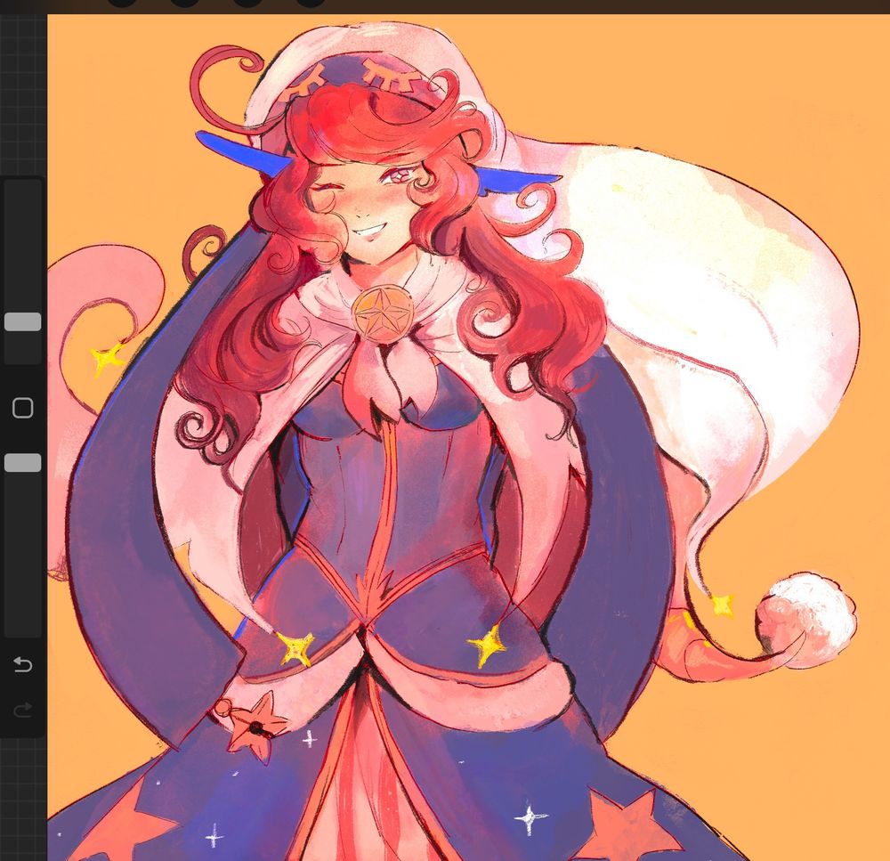 A doodle-y digital painting with warm tones of Dreamkeeper, a human looking girl with reddish brown hair, a big sleeping hat with closed eyes pattern on the front and a starry blue dress, smiling with her arms behind her back smiling 
