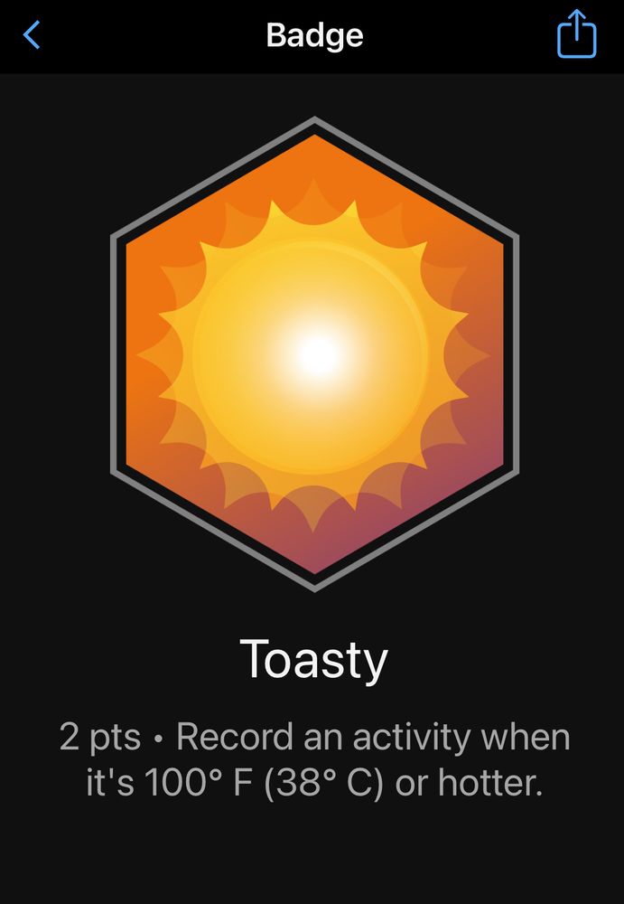 Garmin badge for recording and activity in 100 degrees Fahrenheit (38 degrees Celsius) or hotter. I biked home from work.
