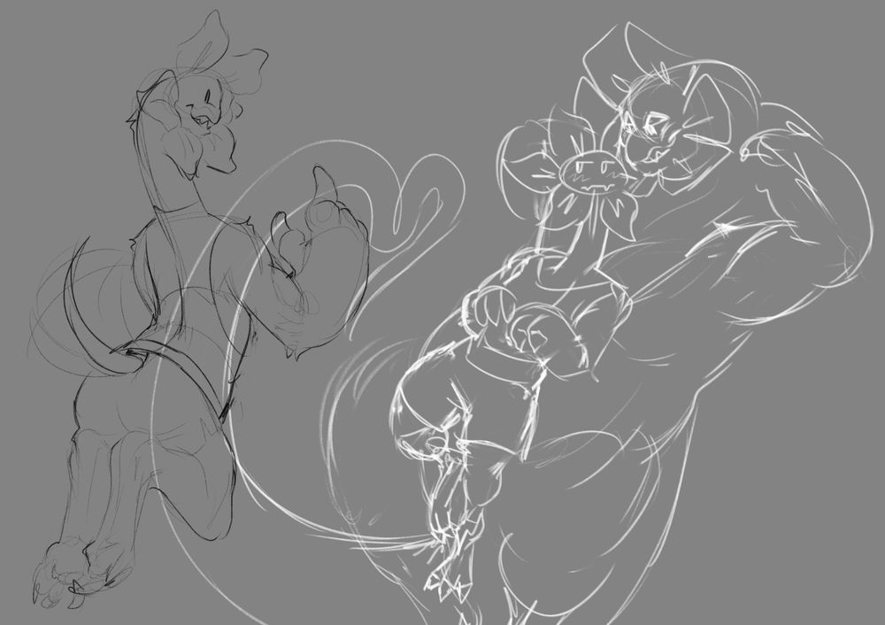 Sketches of V and Flowey. On the left is a solo sketch of Flowey, while on the right he lays on V's chest.