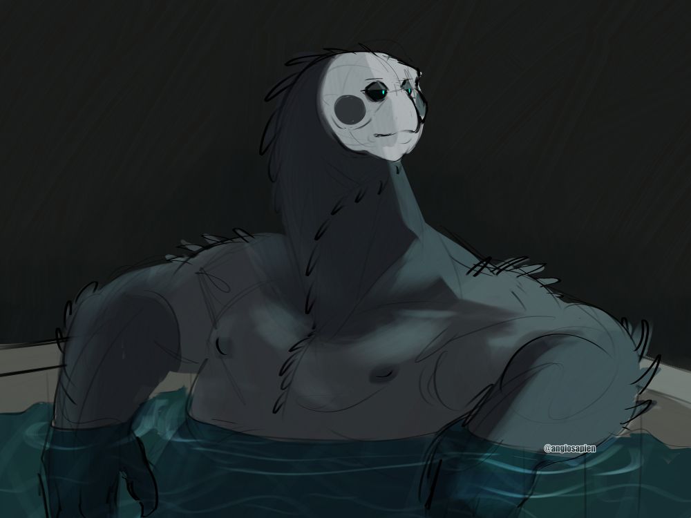 A rough painting of V in a bathtub of some kind. He leans back on the edges with his arms draped across, looking to the right. The mood is vaguely somber.