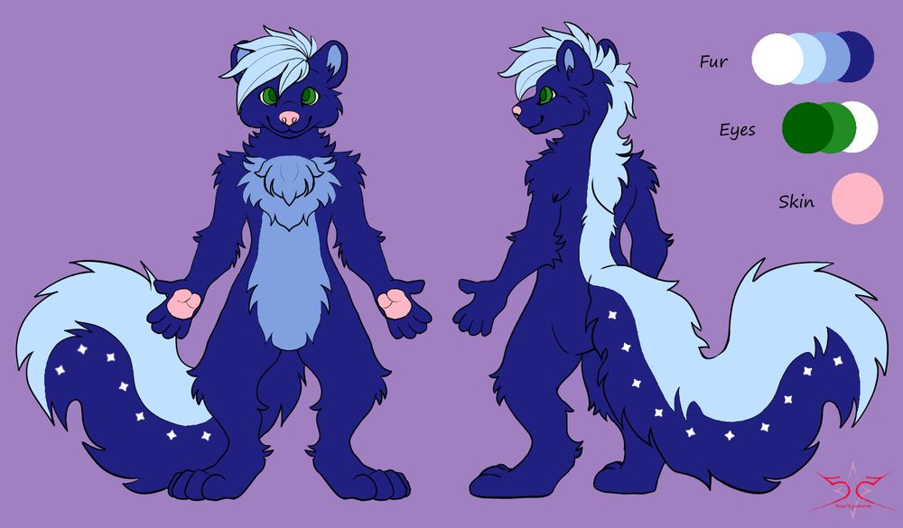 An anthro skunk with colors based on the Milky Way. His tail has a row of stars on either side of the stripe.