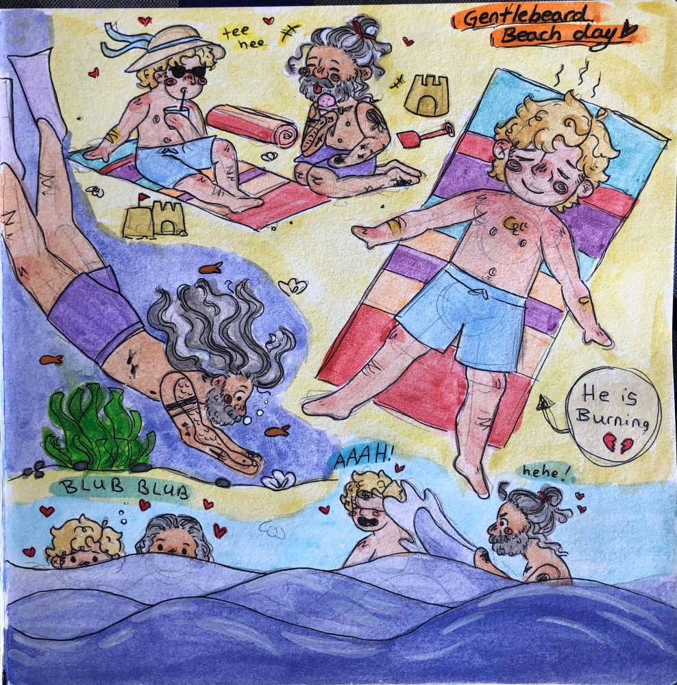 Watercolour page titled “gentlebeard beach day” with multiple little scenes on it. In one Stede is on the beach in a sunhat and sunglasses, sipping a drink while Ed is next to him eating ice cream. In another Ed is diving for shells. In another different doodle, Stede is lying on a towel burning in the sun. Finally at the bottom of the page there are two doodles of Ed and Stede in the sea. In one they are just peeking above the waves with their eyes, in another Ed is splashing Stede while he laughs. 
