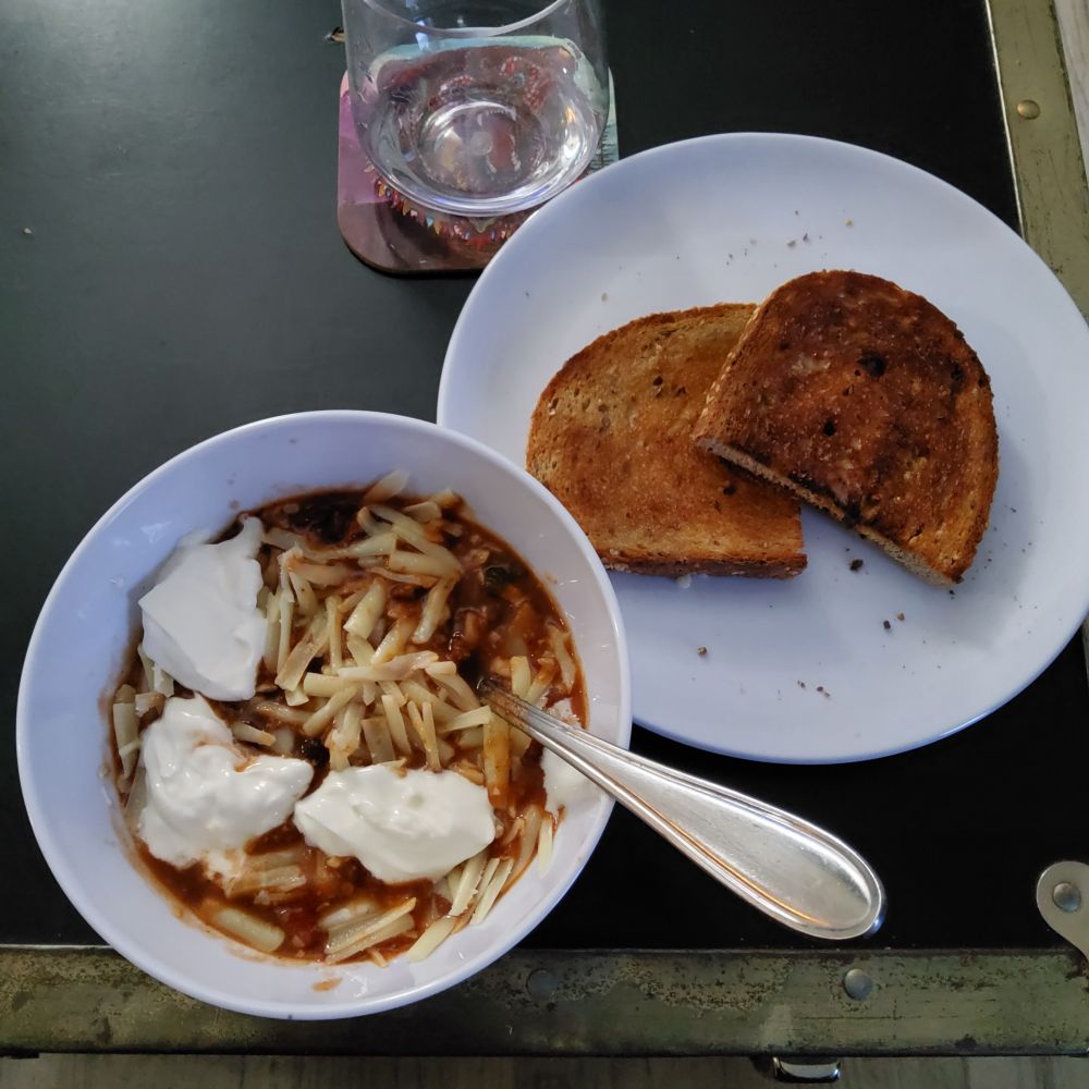 Sprague's Vegetarian chili and sourdough tst with butter for supper