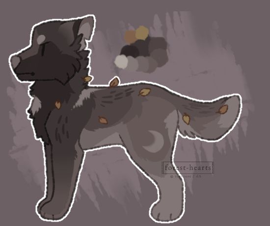 a dark colored, forest themed feral wolf. they have a dark grey face, with a light gray streak up their nose and lighter grey eyebrow spots. their chest is the same dark grey with a light grey spot. their body transitions from dark grey to light gray, with a crescent moon marking on their back thigh. they have autumn leaves stuck in their fur.