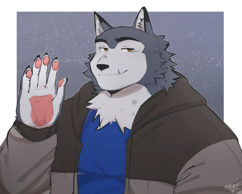 An anthro wolf waving his paw.