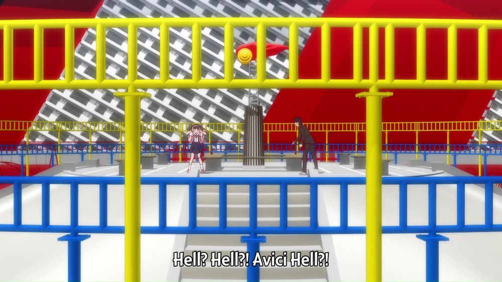 Owarimonogatari S2E1 screenshot: Araragi Koyomi and Hachikuji Mayoi in what looks like that park they met in, but with the background rotated. Araragi is subtitled as saying “Hell? Hell?! Avici Hell?!”