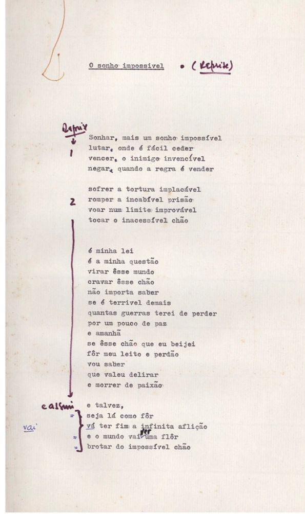 "Man of La Mancha" 

 "To dream the impossible dream, 
to suffer the implacable anguish, 
to tread where the brave dare not, 
to right the unrightable wrong, 
to love a chaste love from afar, 
to face the unconquerable foe, 
to try when hope is gone, 
to reach the unreachable star: 
This is my quest." 

Miguel de Cervantes