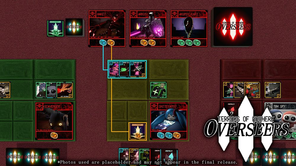 Lines are drawn from the blue and orange symbols present on Haket's card to relevant cards on a player's play area. The set of 3 blue cards and the orange Enkephalin Flower can be discarded to collect Haket.
*Photos used are placeholder and may not appear in the final release.