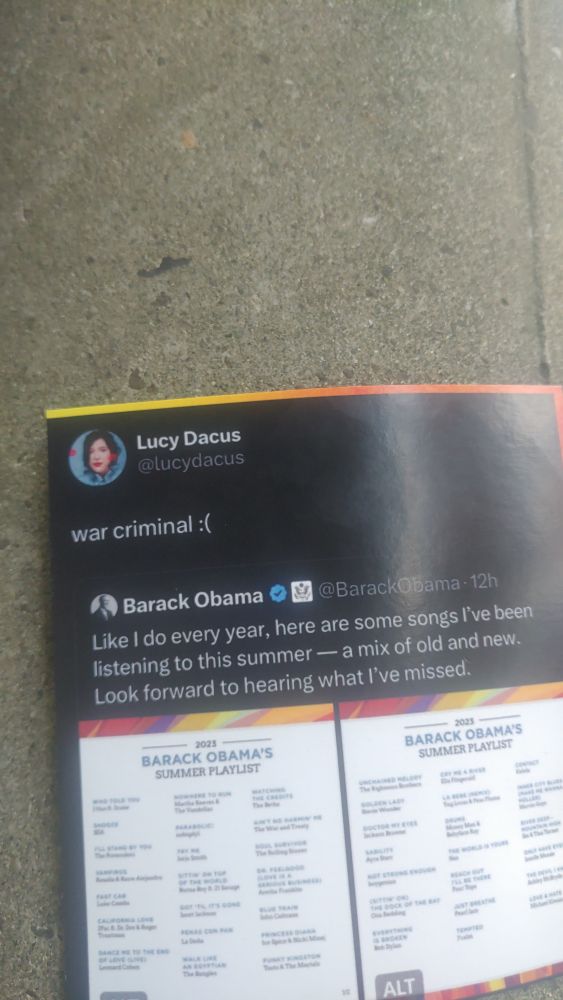 A quote tweer by Lucy Dacus calling out Obama a war criminal, as he included boygenius (her band) in his summer playlist).
