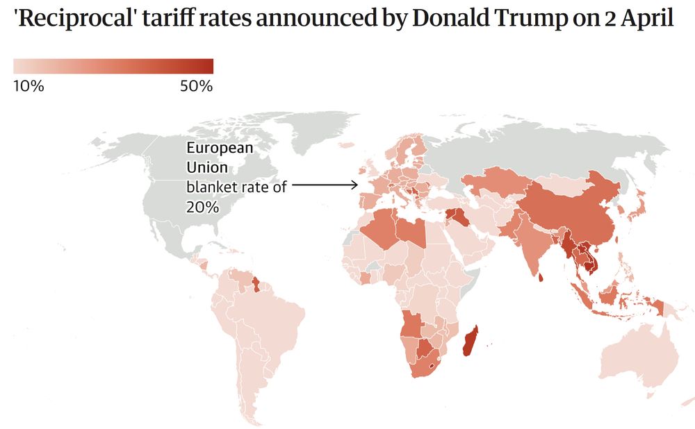 Global map of 'Reciprocal' tariff rates announced by Donald Trump on 2 April
