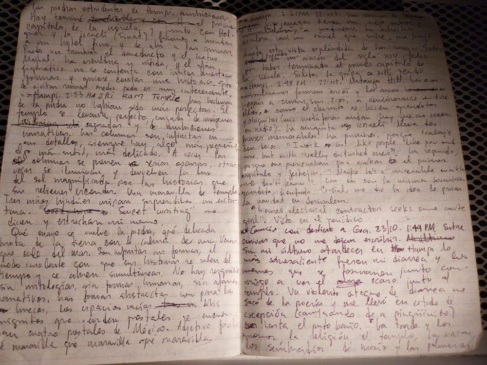 Foto de dos páginas manuscritas de una libreta abierta conteniendo las crónicas diarias de un viaje a la India. 