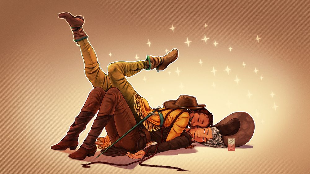 Two people embracing; a small woman with dark hair and long, thin braids has knocked her partner to the floor in a hug. Her partner, a silver-haired nonbinary person, puts up with the treatment with a smile. Both are dressed in western-inspired fantasy clothes, and their cowboy hats are knocked askew.