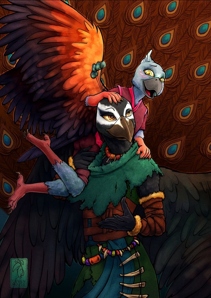 A portrait of two aarakocran (bird people) lovers. The larger one, based on a black peacock, holds the other over his shoulder while she looks playfully scandalized. 