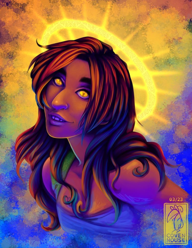 Portrait of a woman with dark hair and reptilian gold eyes; colour pops around her, bright, in a delicate mixture of gold and blue