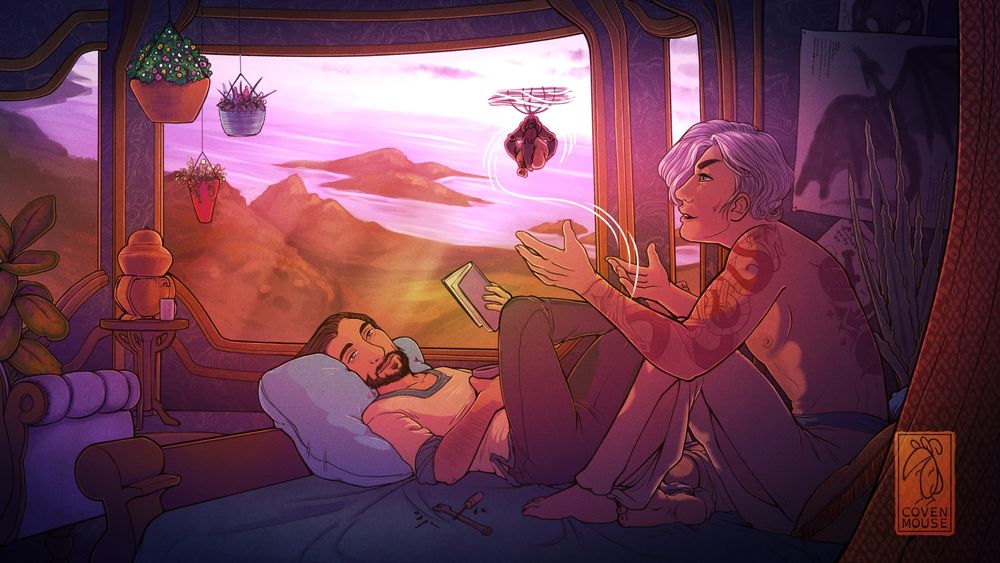 Lucanis (from Dragon Age Veilguard) and Rook spend a lazy afternoon in bed. Lucanis is relaxing with a mug of coffee and a good book while Rook works on a small mechanical contraption; proud of himself for getting it to work. Afternoon sun streams in through the wide open windows, illuminating their loving expressions, and a room filled with plants, tools, and schematics. 