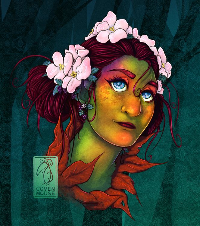 Portrait of a half-dryad woman with an apple and berries theme; she has green, yellow and red skin, red-violet hair, and apple blossoms growing in her hair alongside clumps of blackberries. 