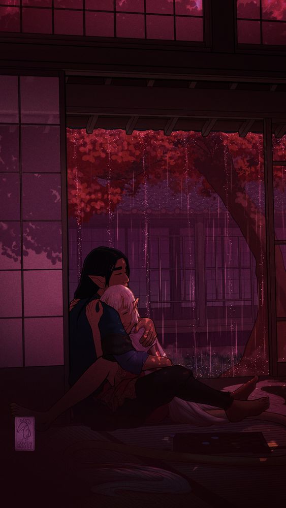 A late night thunderstorm rages overhead while, below, a couple rest safely in one another's arms. A half-elf man holds his tiefling partner in a comforting manner, leaning against an open shoji wall. A game board on the ground beside them, pieces scattered, speaks to an interrupted moment before the storm hit. 