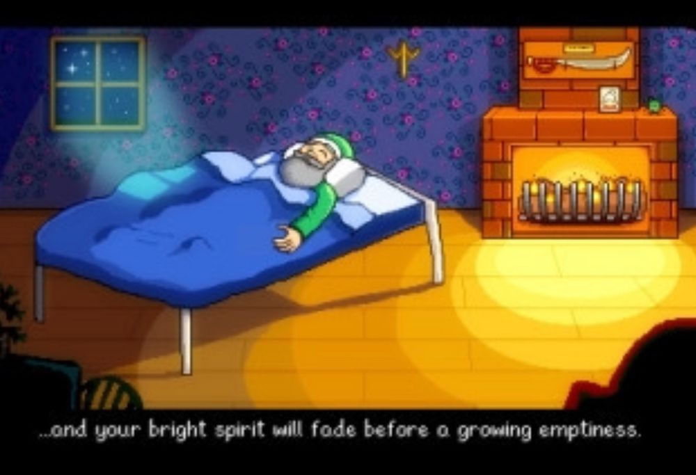 An old man in a bed by a cozy fireplace in the moonlight, with the text “… and your bright spirit will fade before a growing emptiness.”